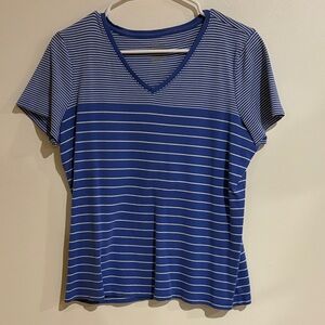 L.L. Bean Navy and White Striped V-Neck Tee